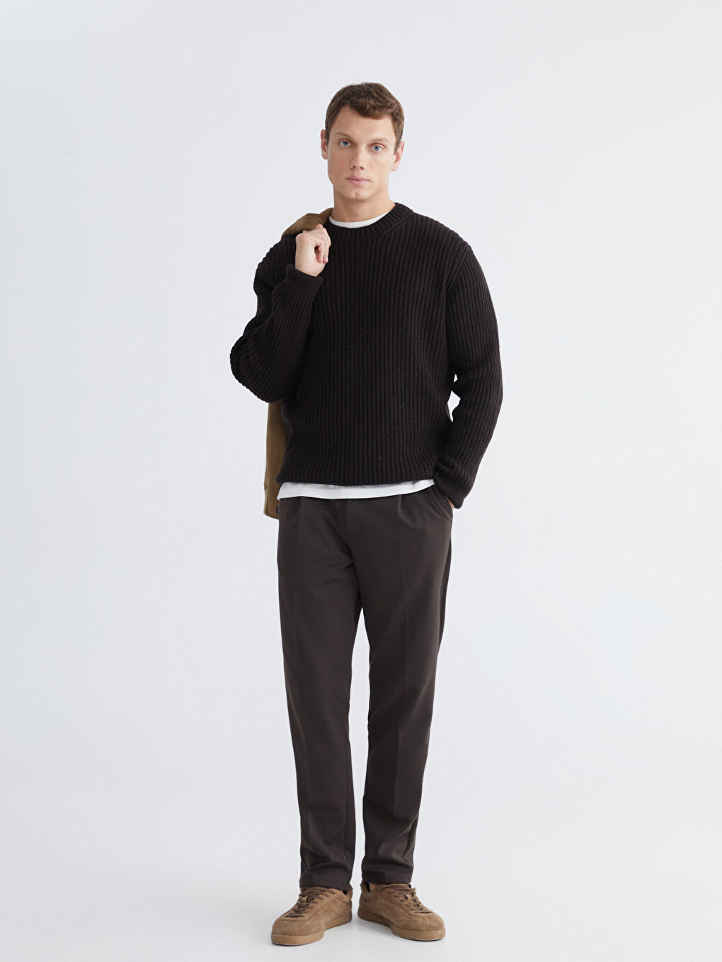 Kahverengi Bisiklet Yaka Erkek Triko Kazak-1