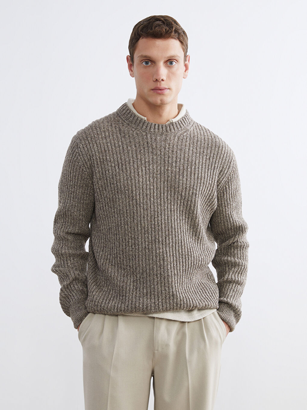 Bej Bisiklet Yaka Erkek Triko Kazak