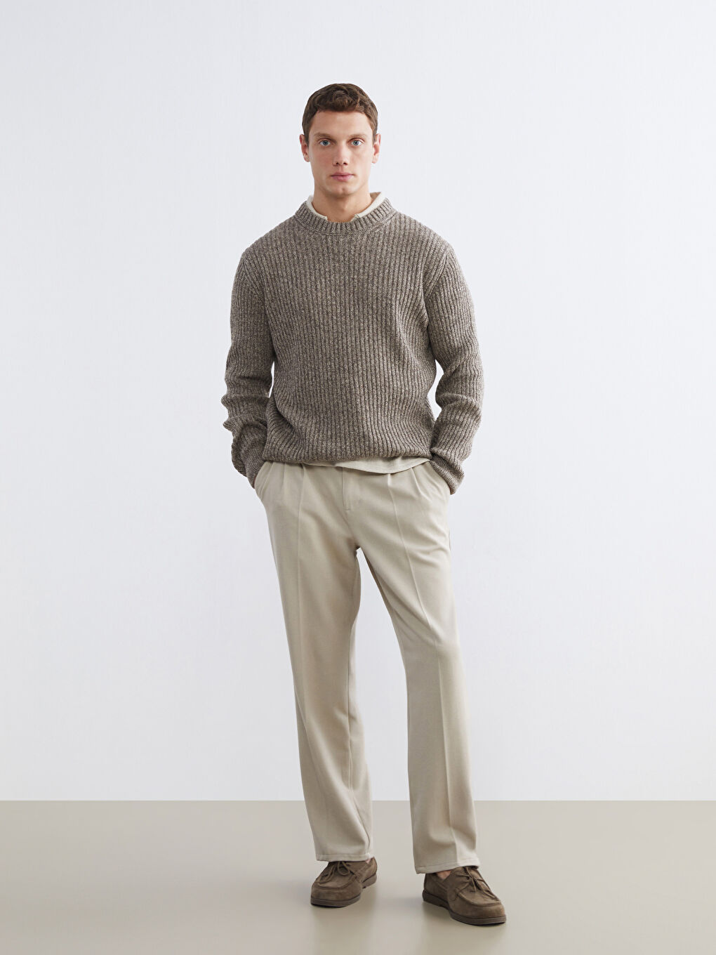 Bej Bisiklet Yaka Erkek Triko Kazak-1