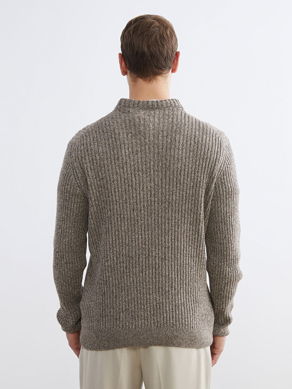 Bej Bisiklet Yaka Erkek Triko Kazak-3