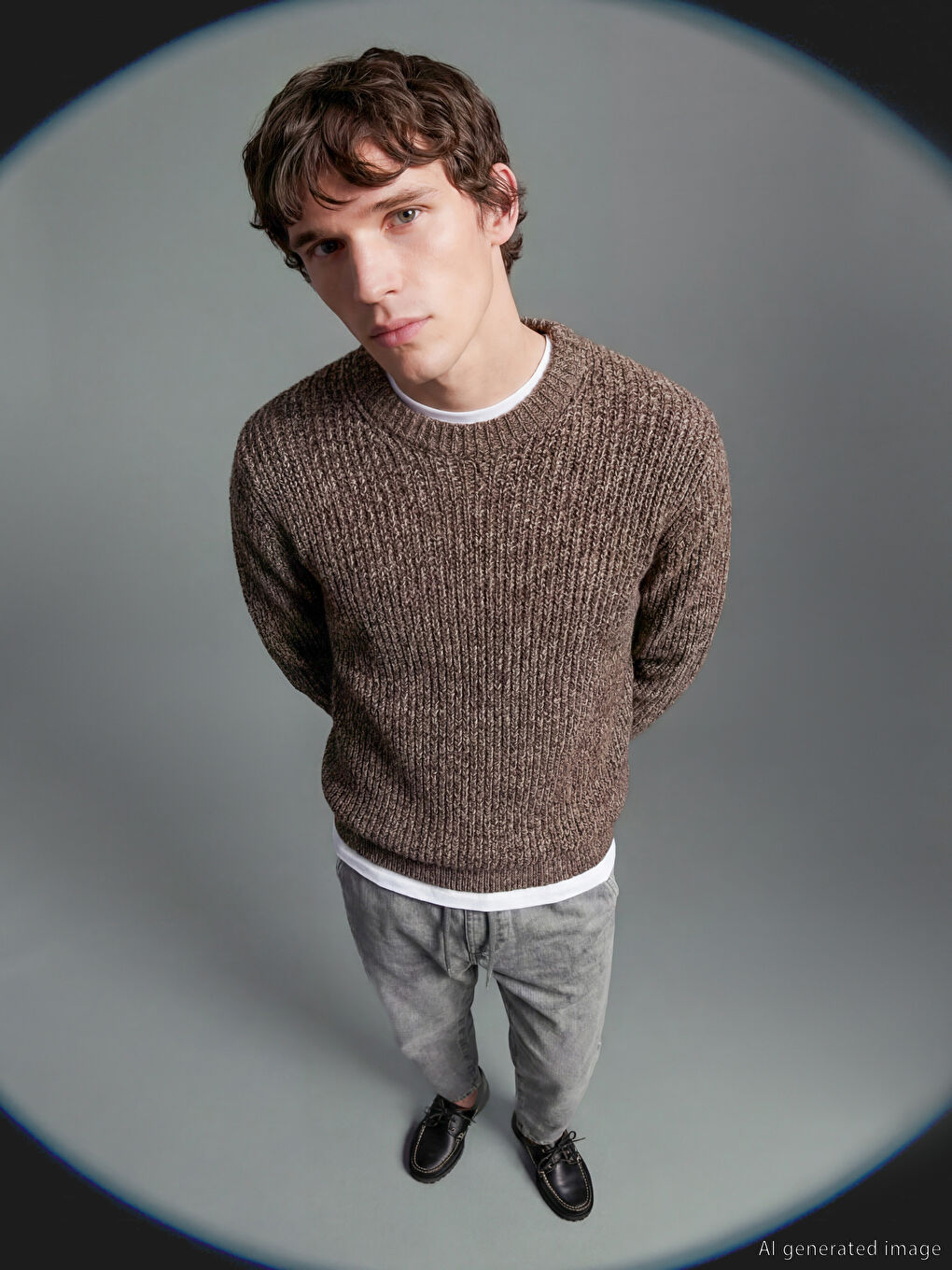 Kahverengi Bisiklet Yaka Yün Karışımlı Erkek Triko Kazak