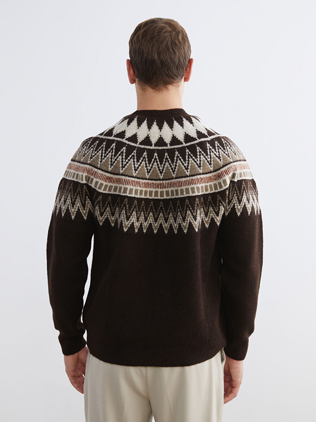 Kahverengi Bisiklet Yaka Desenli Erkek Triko Kazak-3