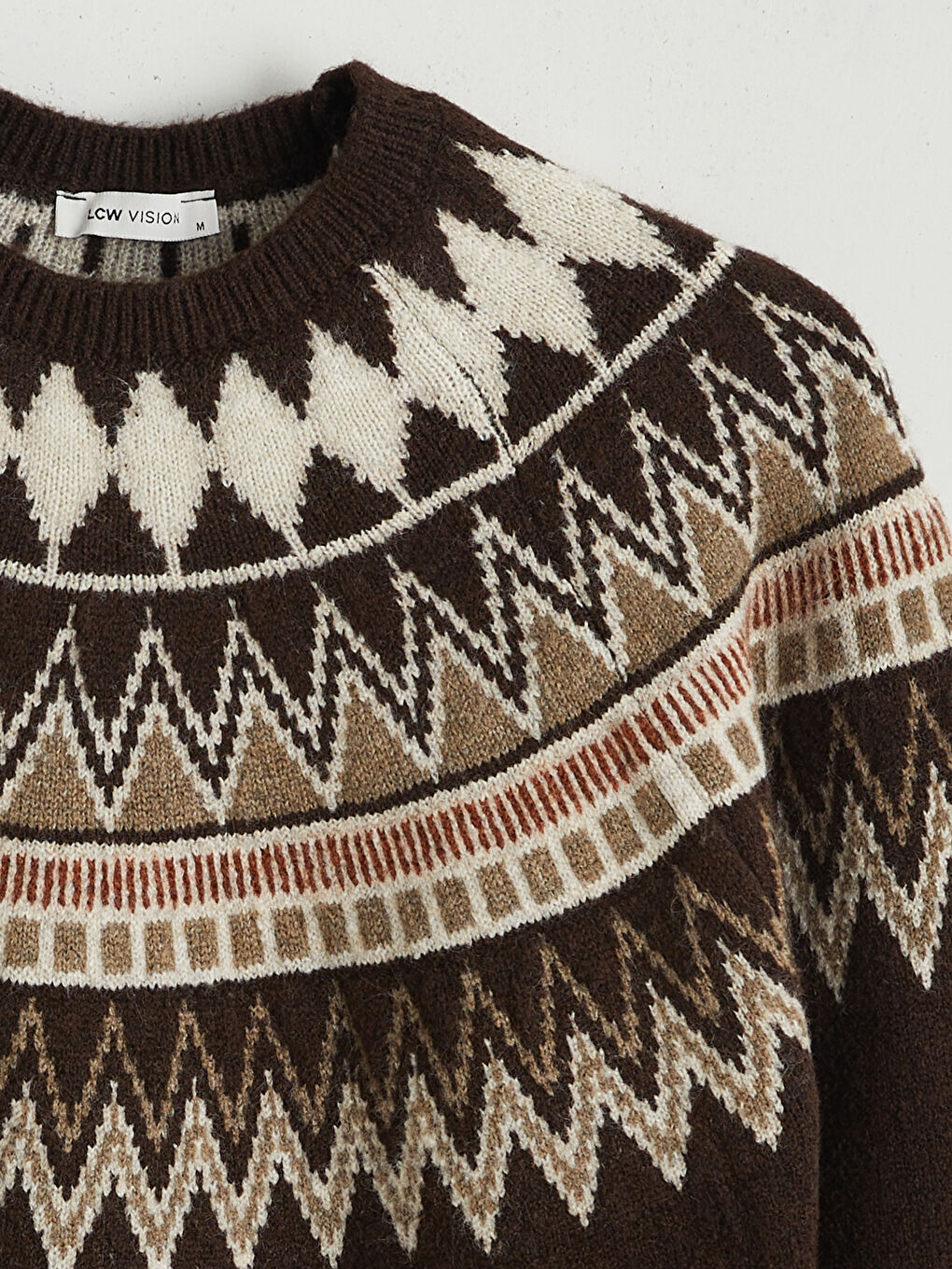 Kahverengi Bisiklet Yaka Desenli Erkek Triko Kazak-5