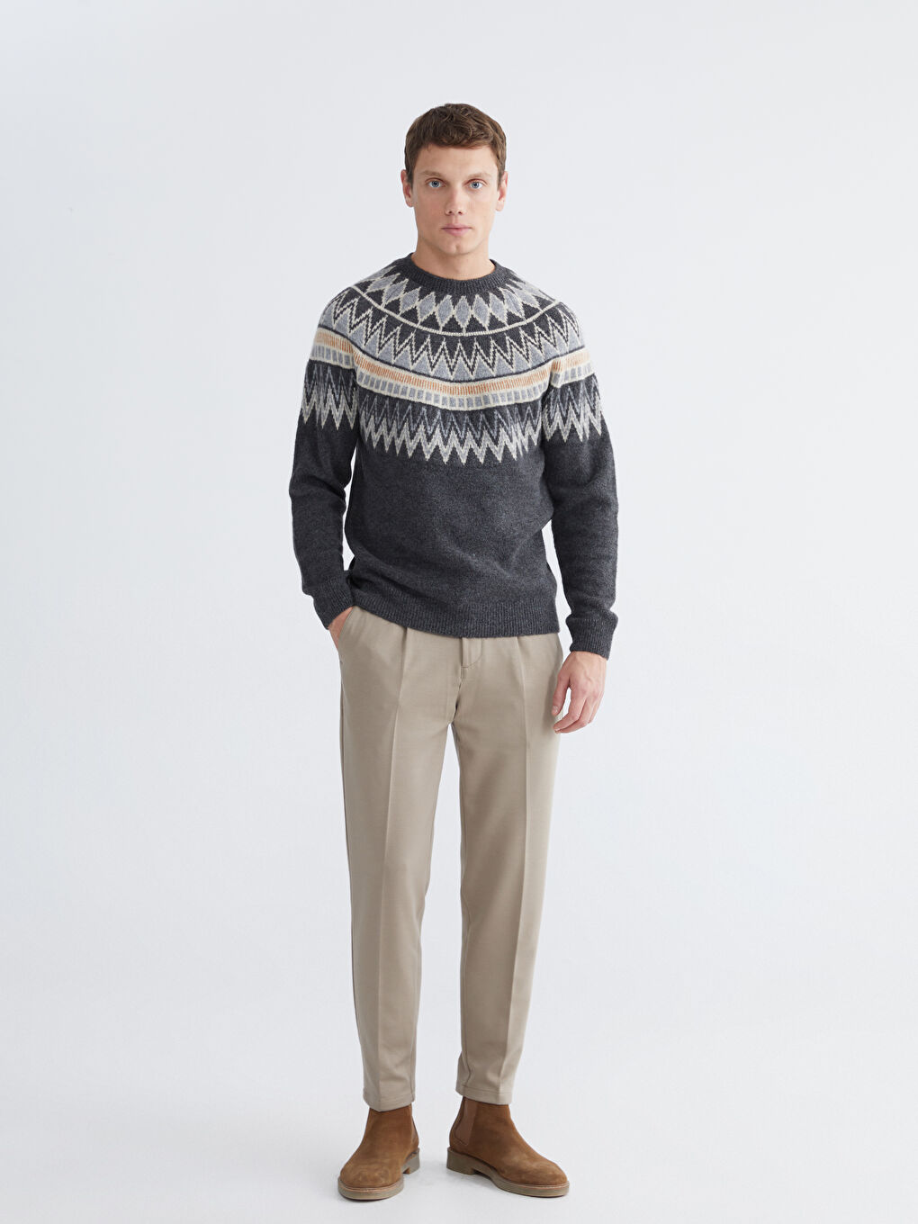 Gri Bisiklet Yaka Desenli Erkek Triko Kazak-1