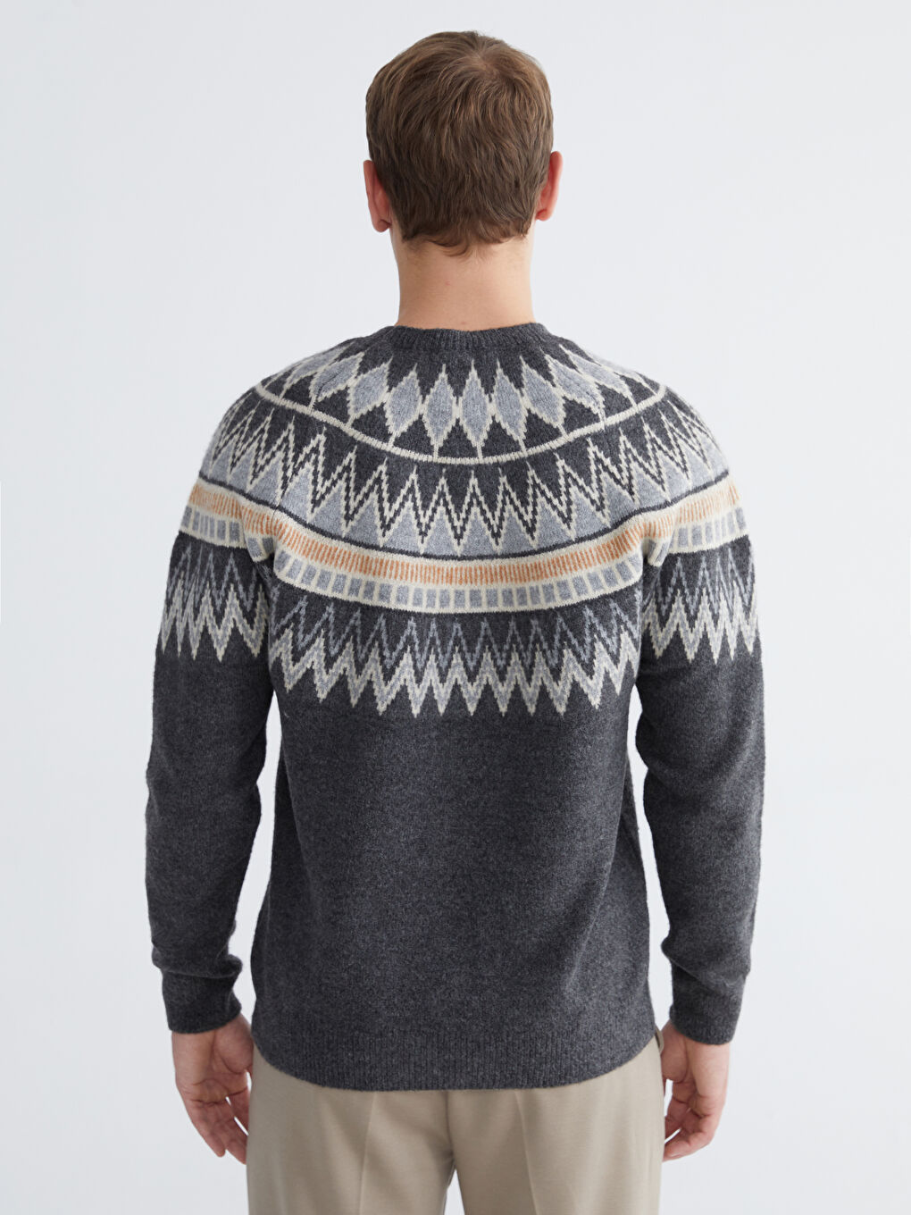 Gri Bisiklet Yaka Desenli Erkek Triko Kazak-3