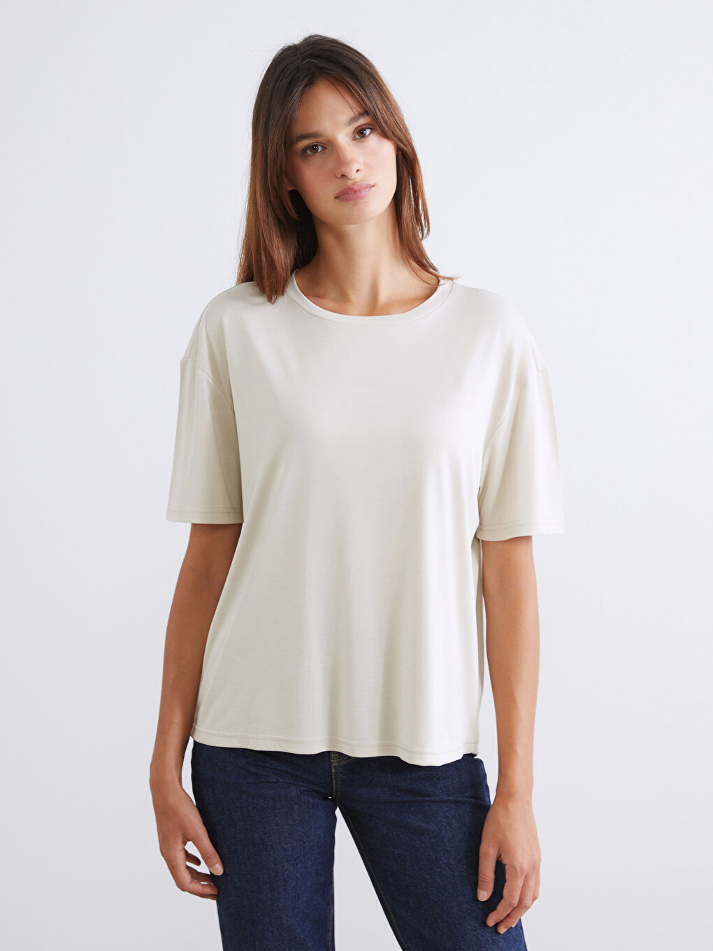 Kahverengi Bisiklet Yaka Modal Karışımlı Kadın Tişört 2'li-1