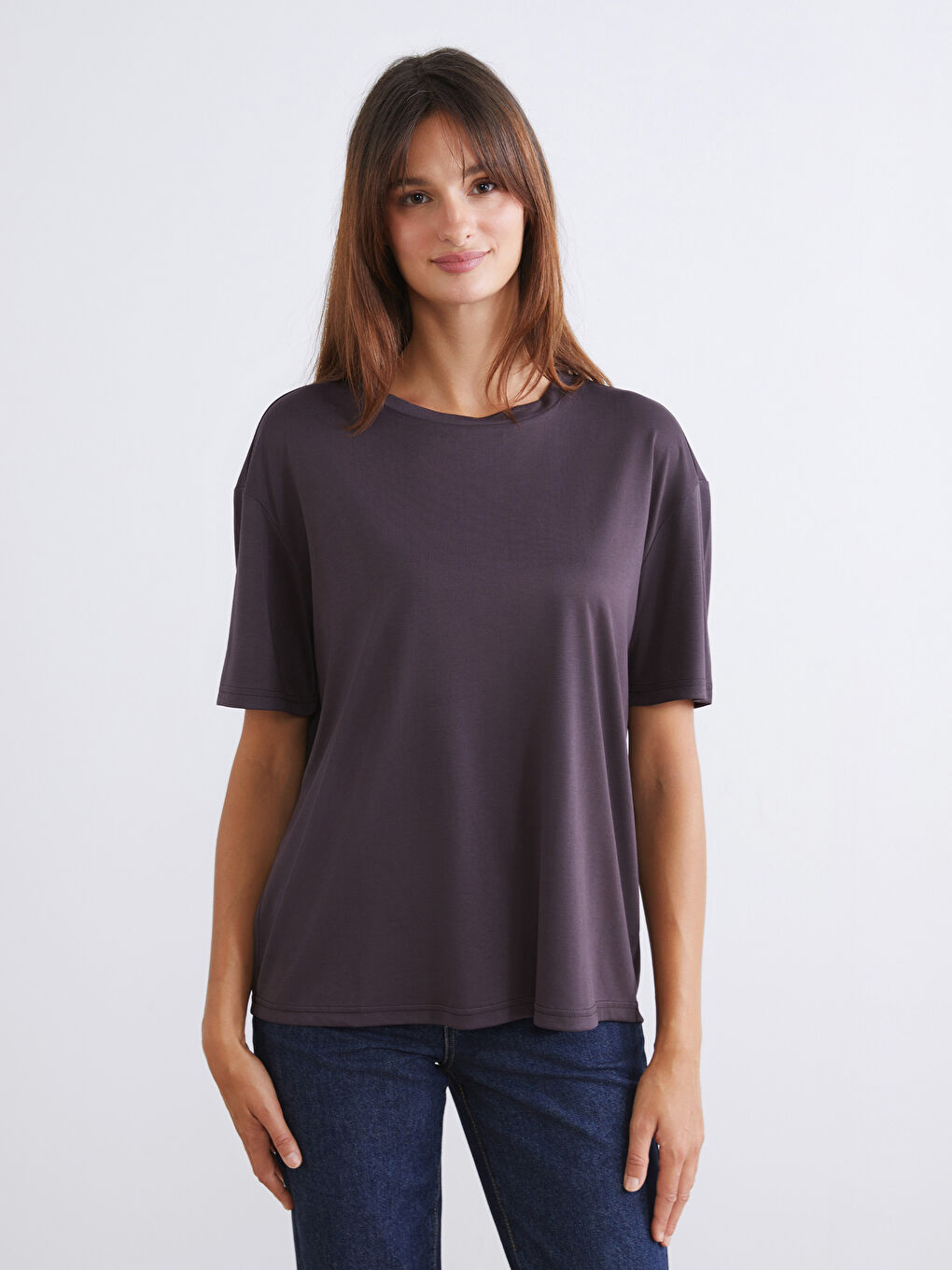 Kahverengi Bisiklet Yaka Modal Karışımlı Kadın Tişört 2'li-2