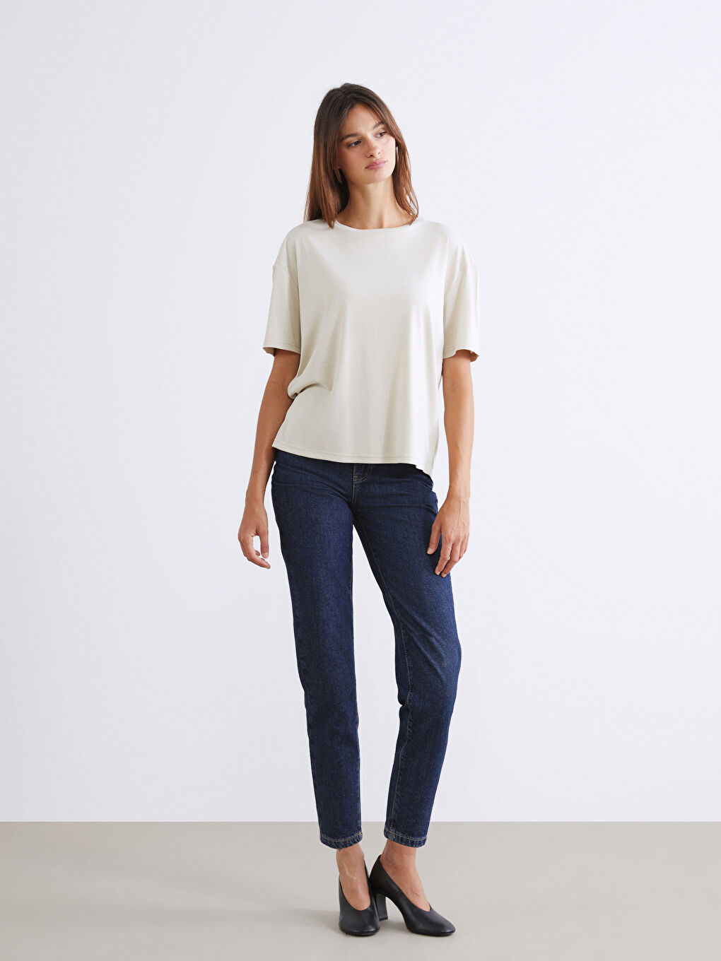 Kahverengi Bisiklet Yaka Modal Karışımlı Kadın Tişört 2'li-3