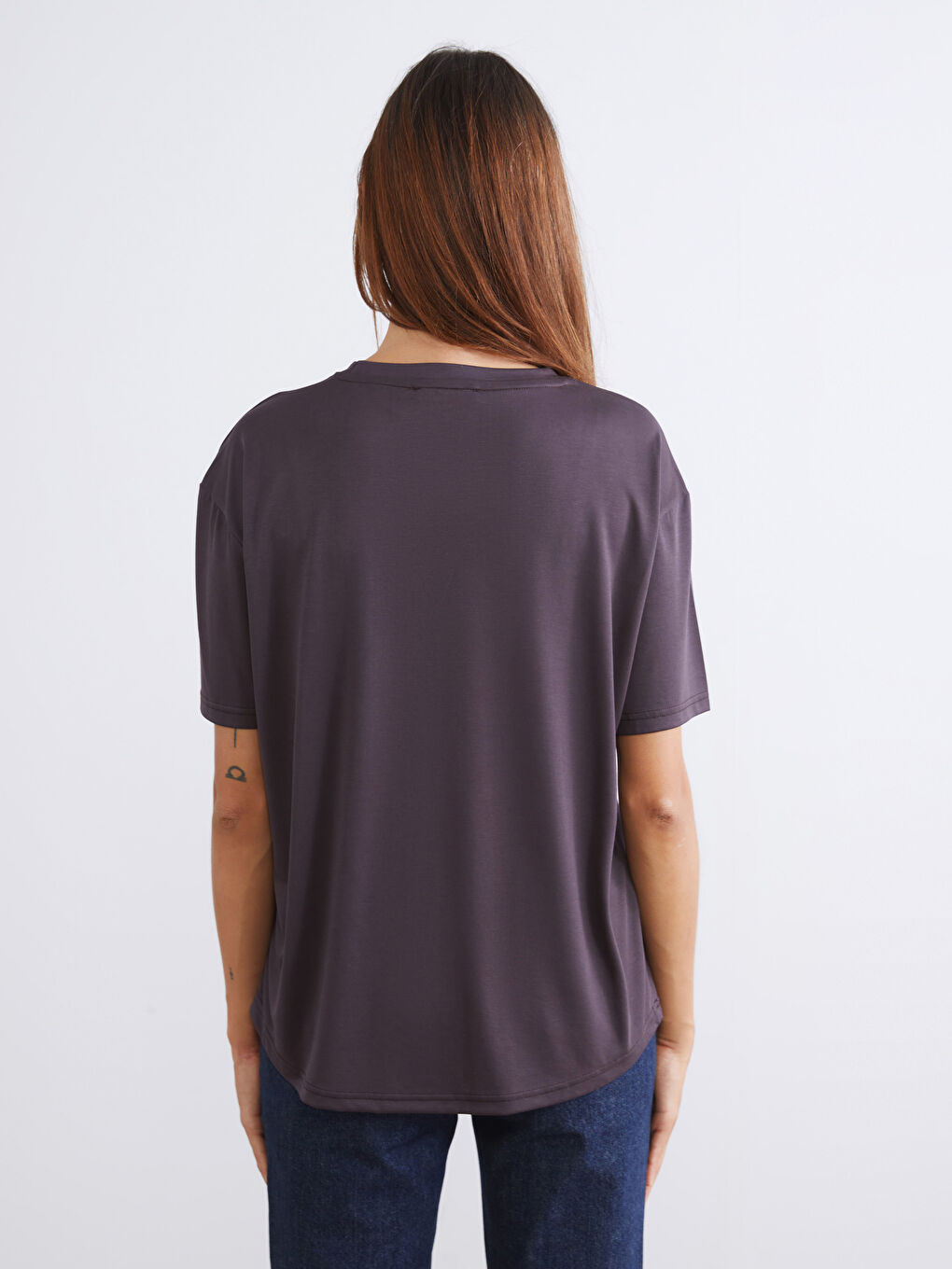 Kahverengi Bisiklet Yaka Modal Karışımlı Kadın Tişört 2'li-8