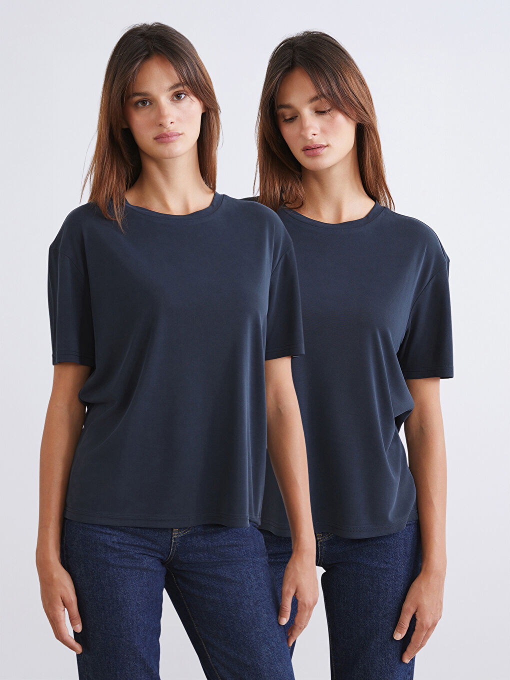 Siyah Bisiklet Yaka Modal Karışımlı Kadın Tişört 2'li