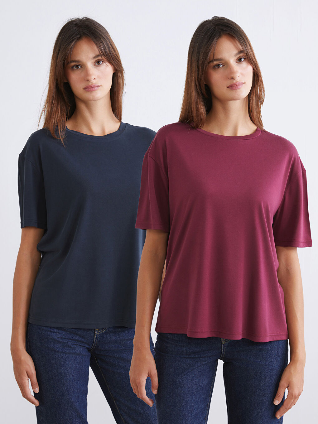 Siyah Bisiklet Yaka Modal Karışımlı Kadın Tişört 2'li