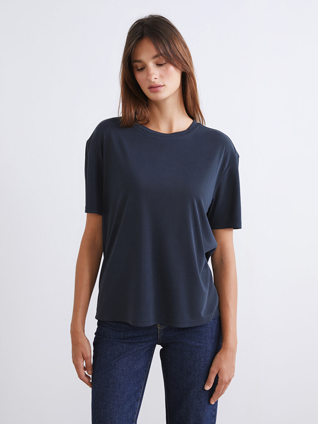 Siyah Bisiklet Yaka Modal Karışımlı Kadın Tişört 2'li-4