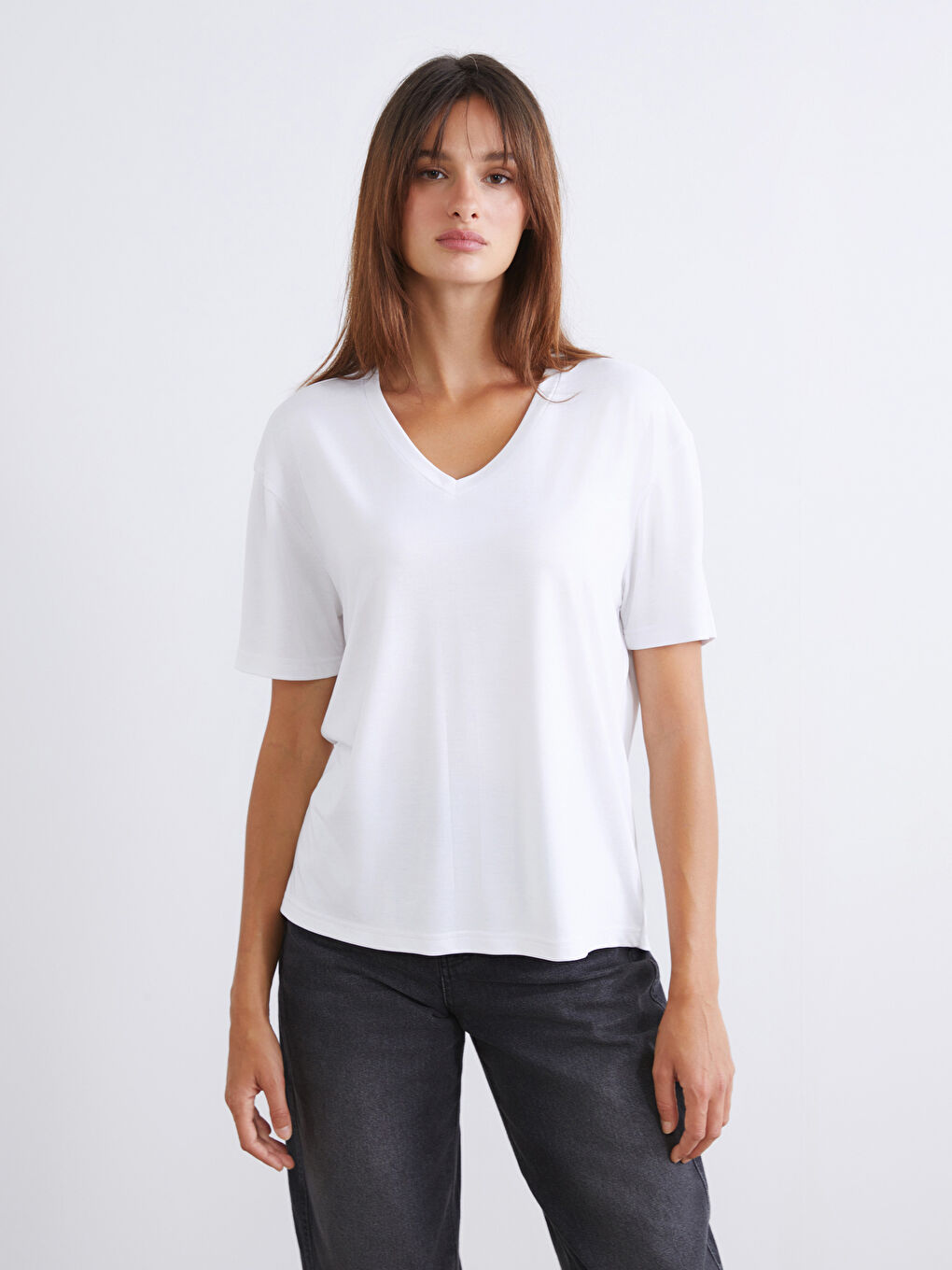 Siyah V Yaka Modal Karışımlı Kadın Tişört 2'li-1