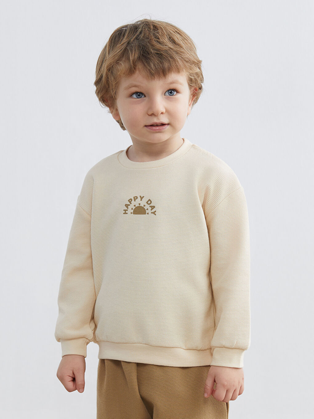 Bej Bisiklet Yaka Erkek Bebek Sweatshirt ve Eşofman Altı-1