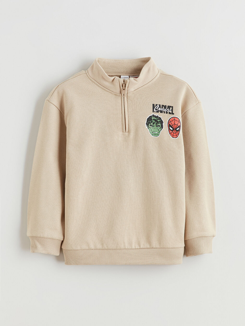 Bej Dik Yaka Marvel Baskılı Erkek Çocuk Sweatshirt
