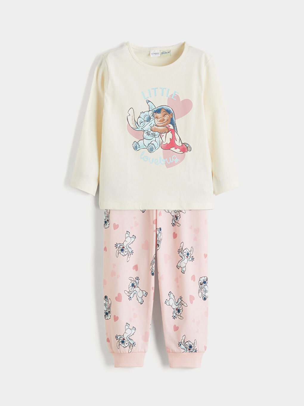 Ekru Bisiklet Yaka Stitch Baskılı Kız Çocuk Pijama Takımı