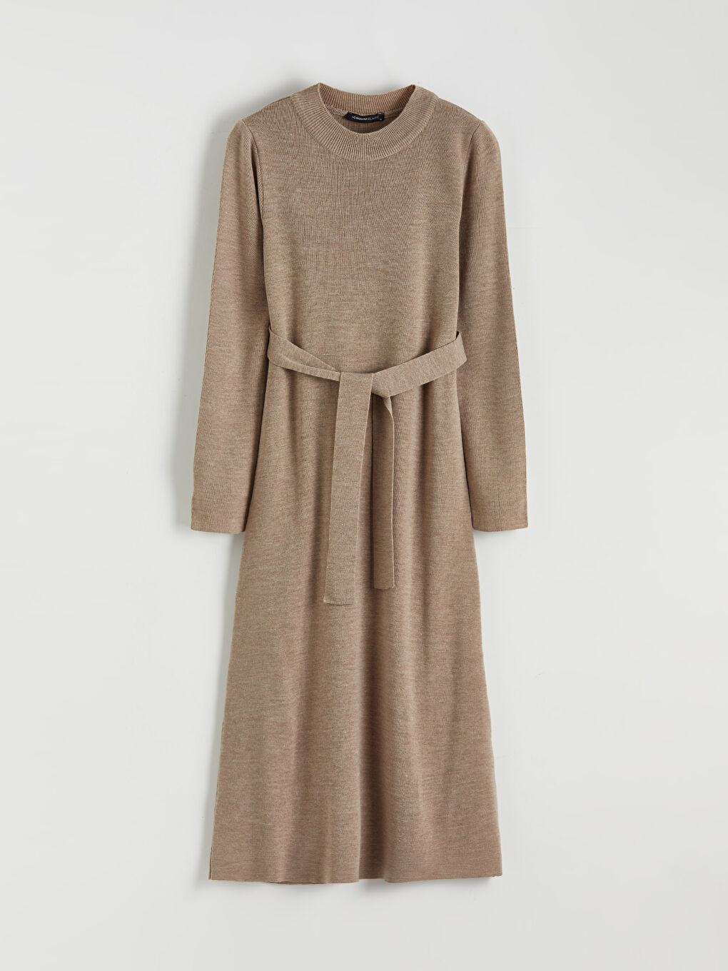 Bej Bisiklet Yaka Beli Kuşaklı Triko Elbise-4