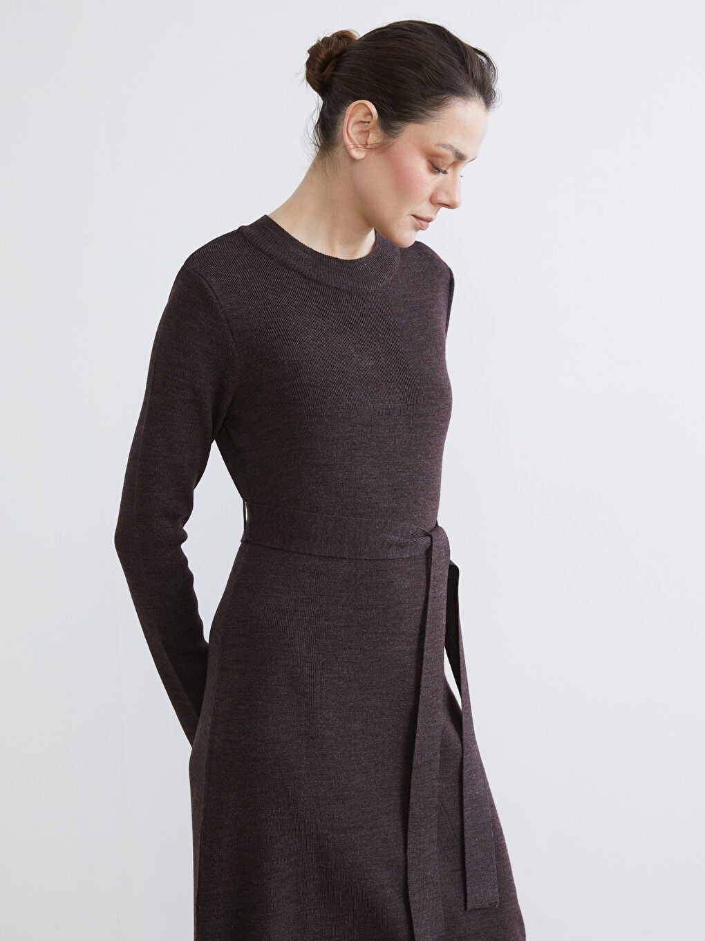 Mürdüm Bisiklet Yaka Beli Kuşaklı Triko Elbise-1