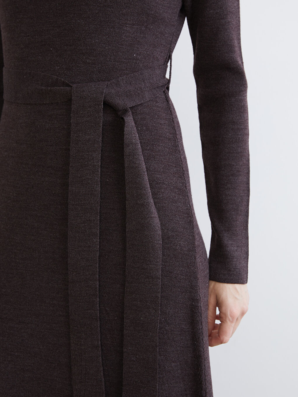 Mürdüm Bisiklet Yaka Beli Kuşaklı Triko Elbise-2