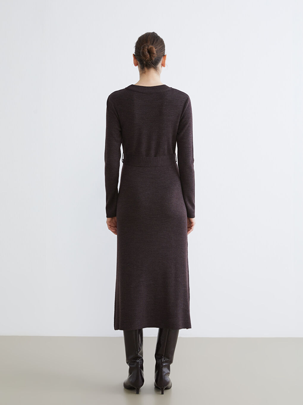 Mürdüm Bisiklet Yaka Beli Kuşaklı Triko Elbise-3