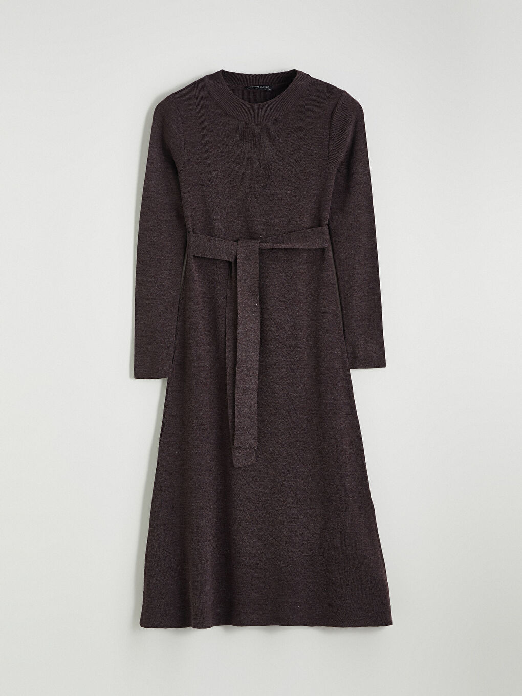 Mürdüm Bisiklet Yaka Beli Kuşaklı Triko Elbise-4