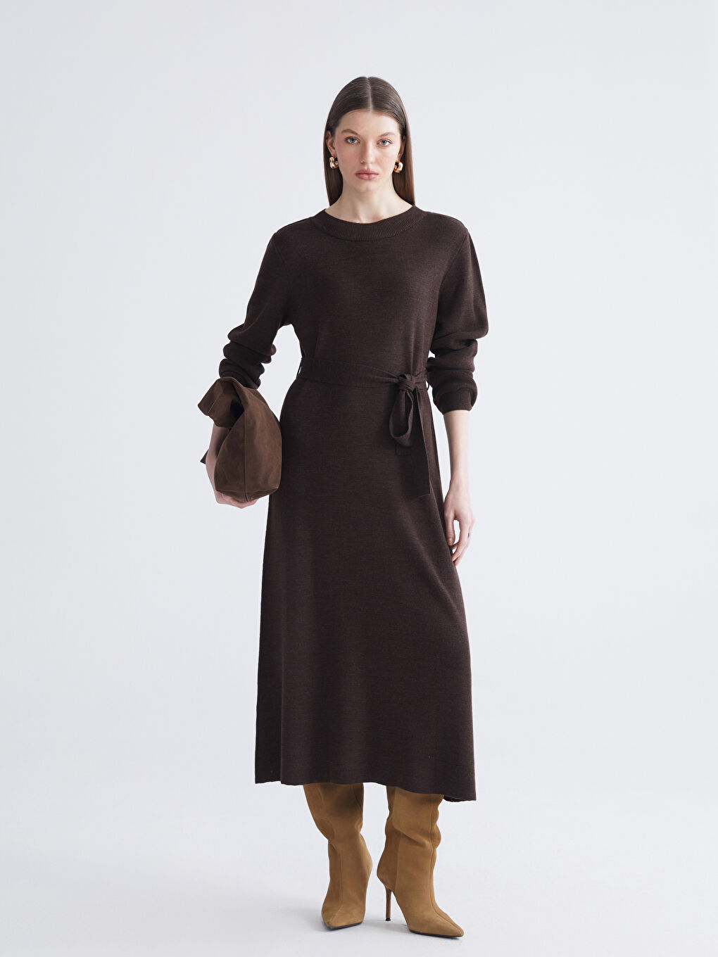 Kahverengi Bisiklet Yaka Beli Kuşaklı Triko Elbise-1