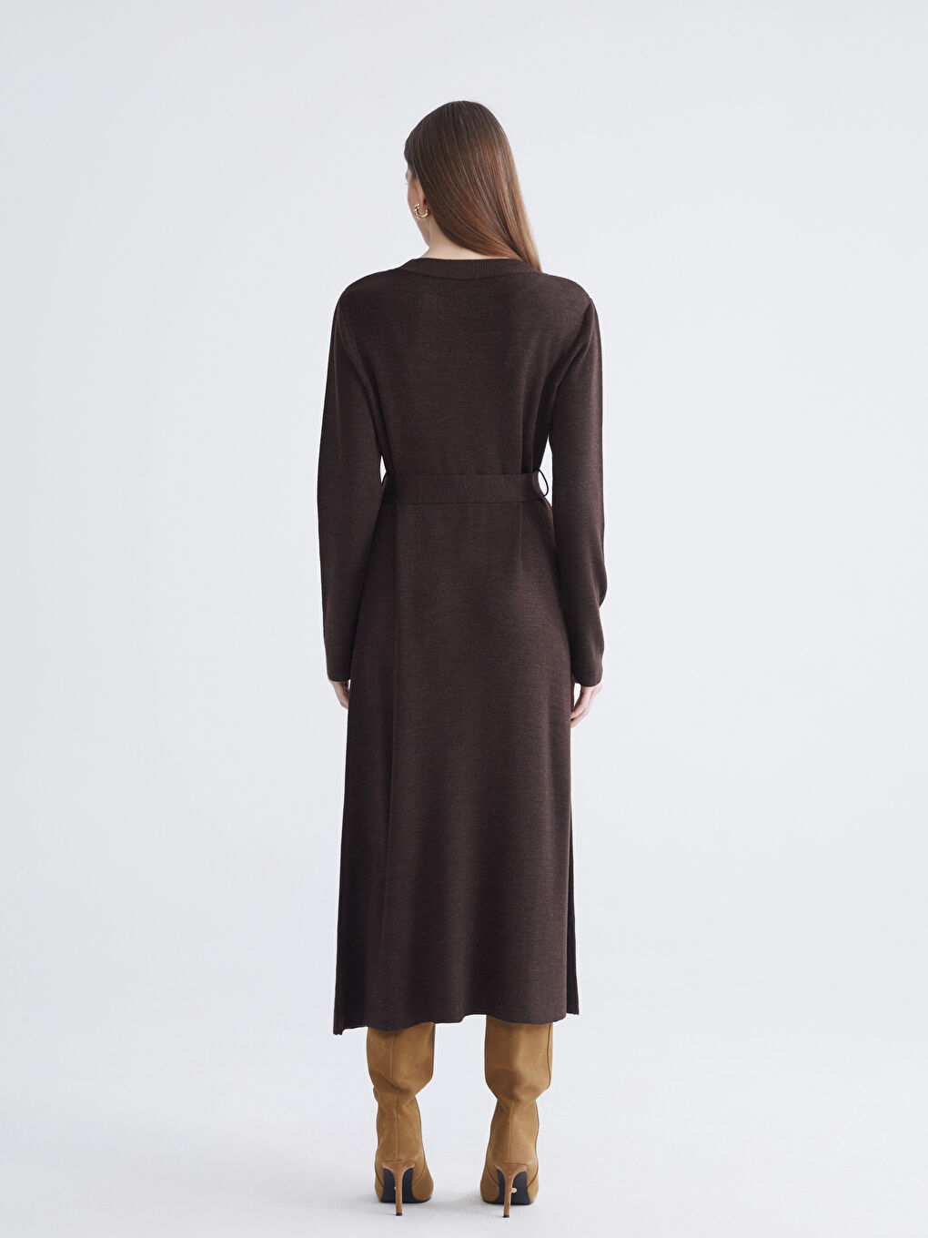 Kahverengi Bisiklet Yaka Beli Kuşaklı Triko Elbise-3