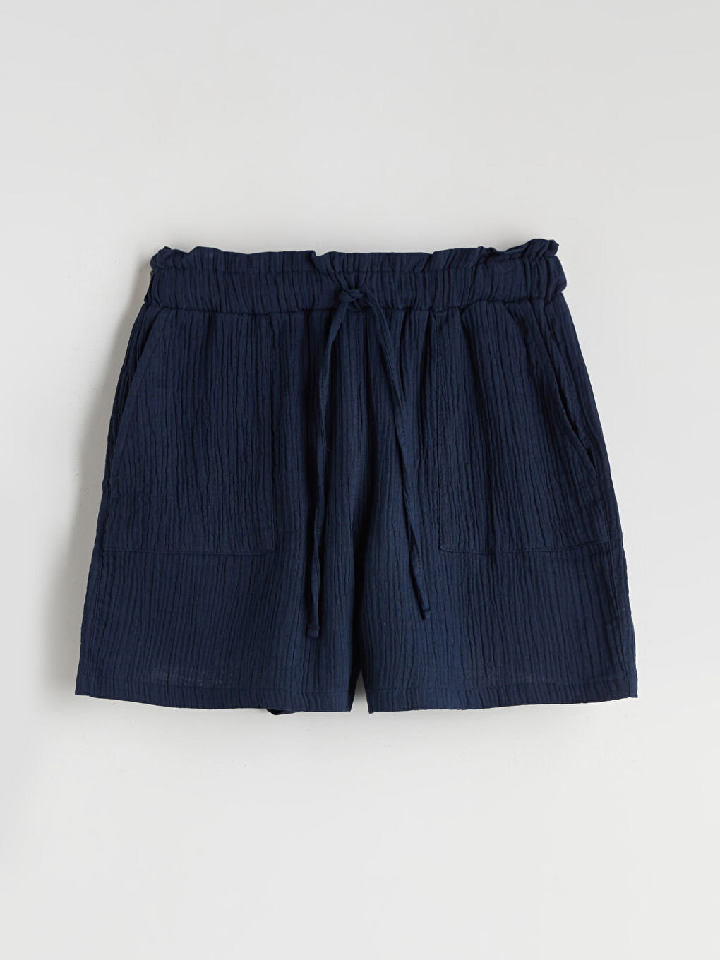 Lacivert Beli Lastikli Dokulu Müslin Kadın Şort-4