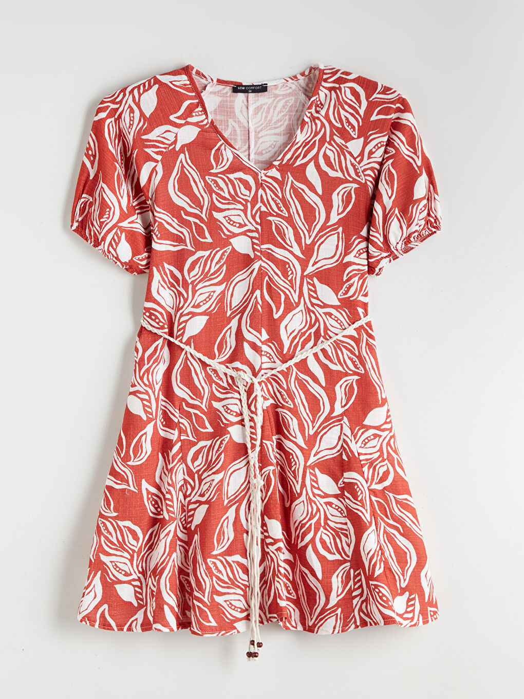 Kırmızı V Yaka Desenli Mini Elbise-4