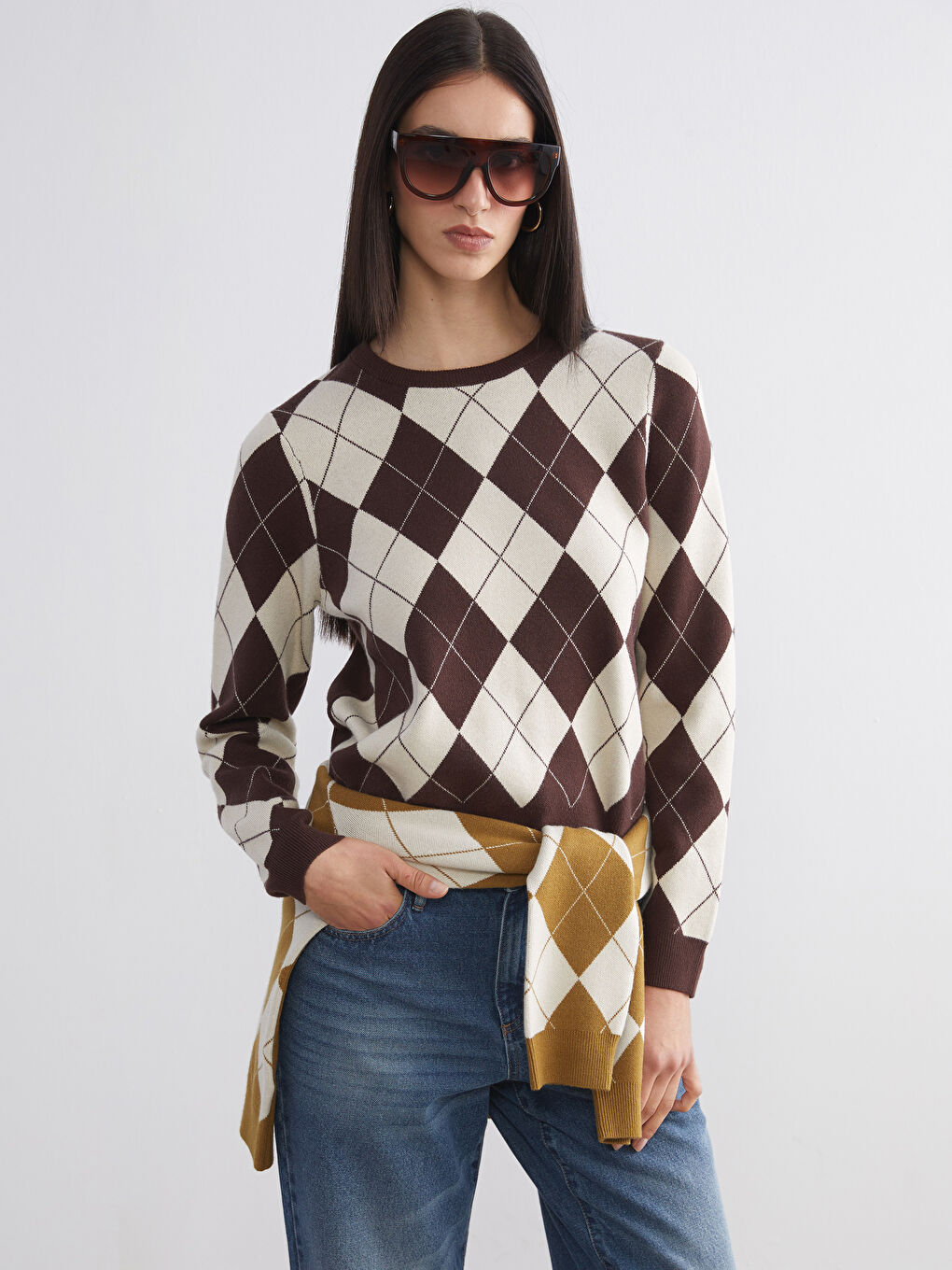 Crew Neck Argyle Pattern Women's Knitwear Sweater