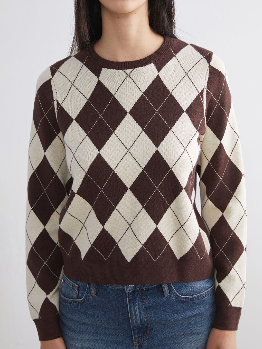 Crew Neck Argyle Pattern Women's Knitwear Sweater-2