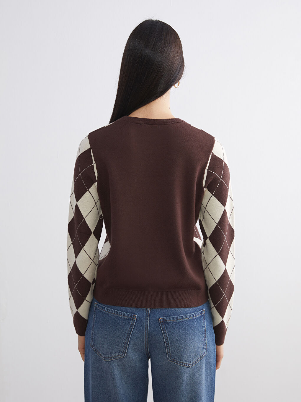 Crew Neck Argyle Pattern Women's Knitwear Sweater-3