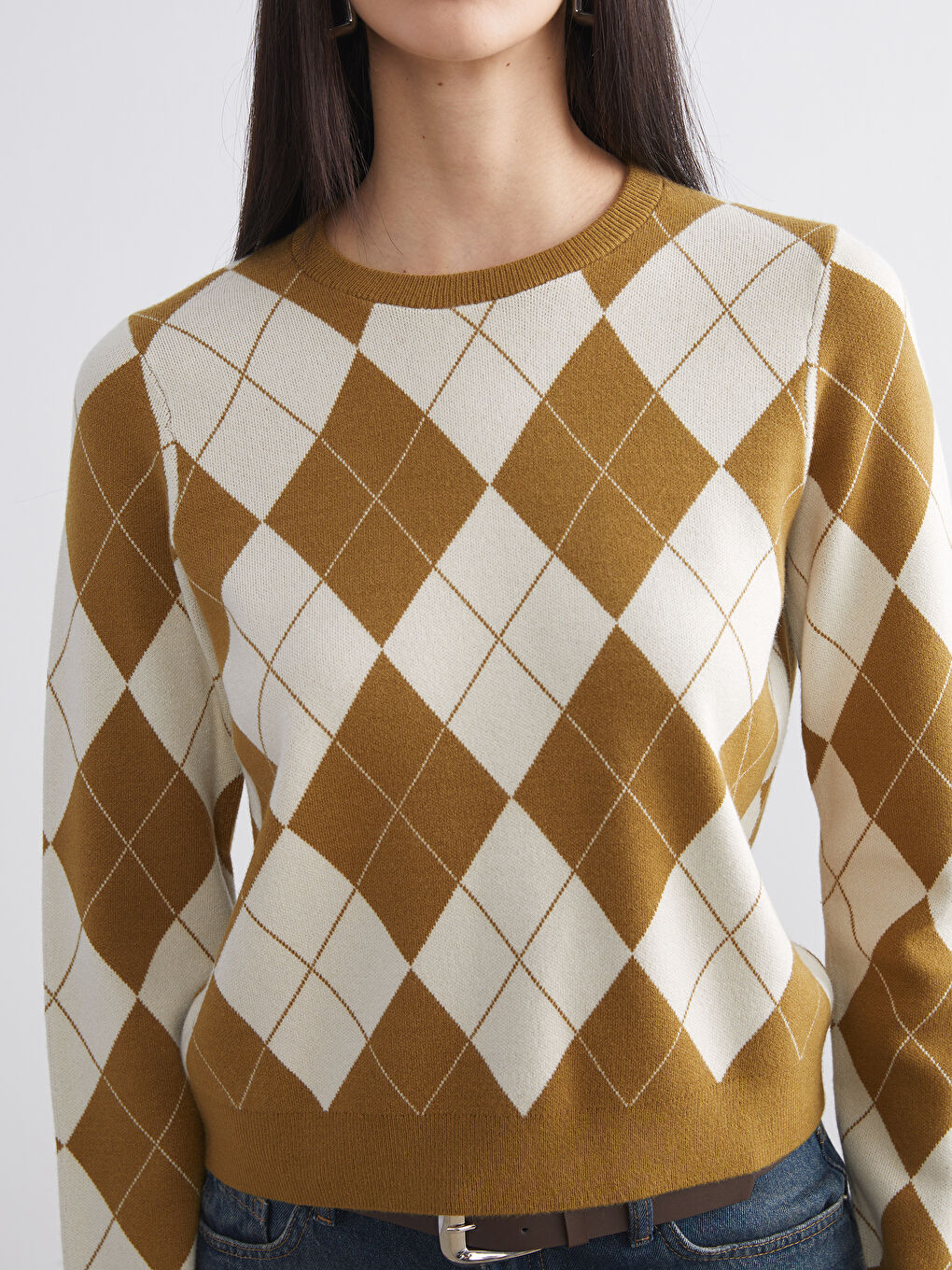 Crew Neck Argyle Pattern Women's Knitwear Sweater-2