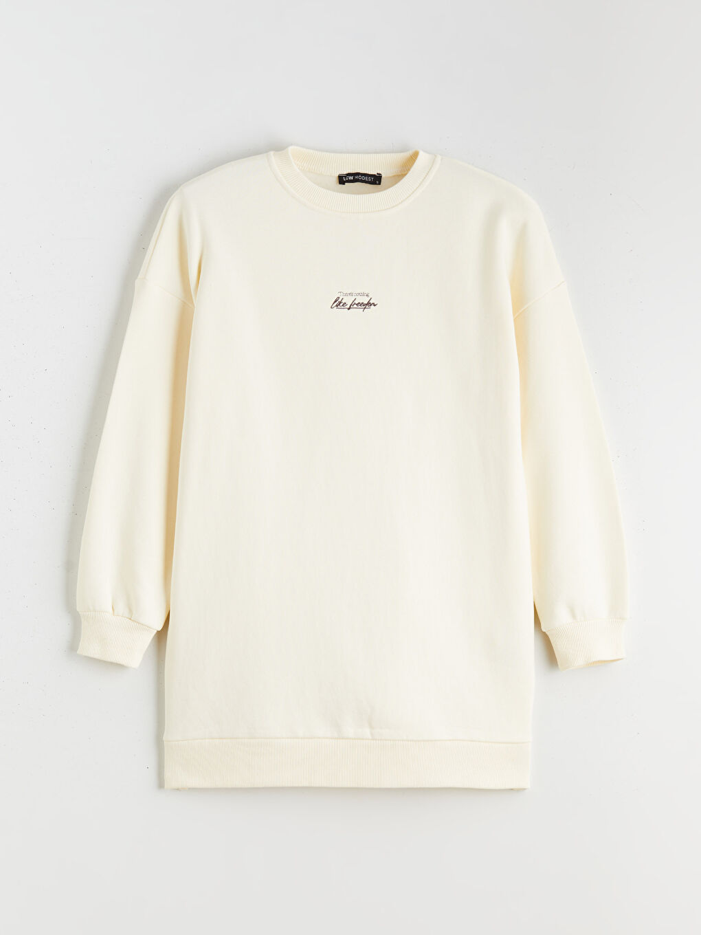 Bej Nakışlı Kadın Kalın Sweatshirt Tunik-4