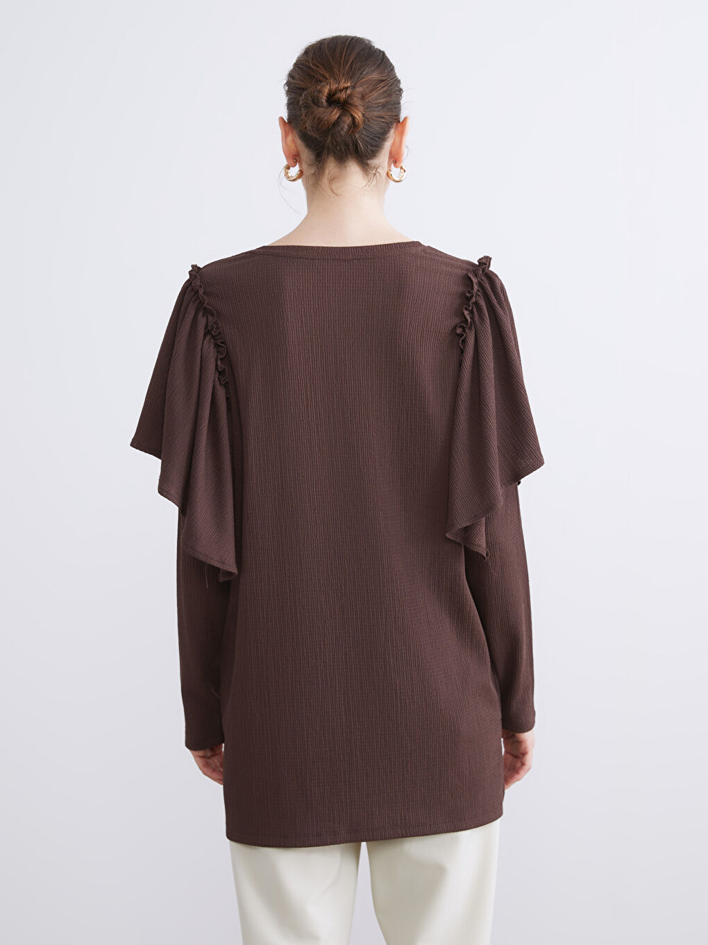 Kahverengi Bisiklet Yaka Fırfırlı Kadın Tunik-3