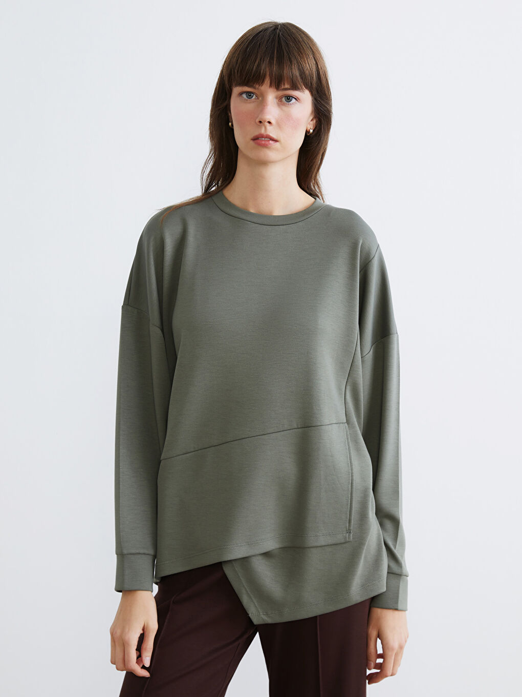 Haki Bisiklet Yaka Kadın Sweatshirt