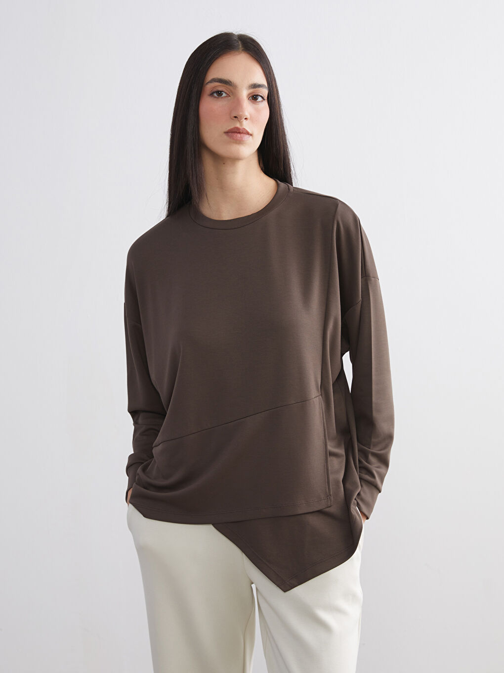 Kahverengi Bisiklet Yaka Kadın Sweatshirt