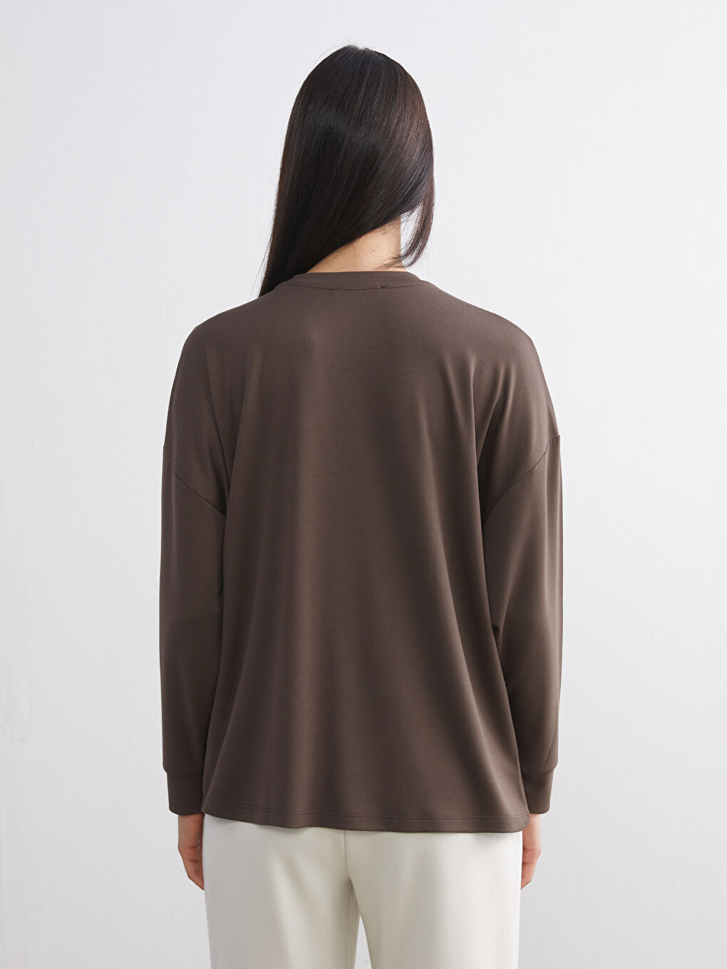 Kahverengi Bisiklet Yaka Kadın Sweatshirt-3