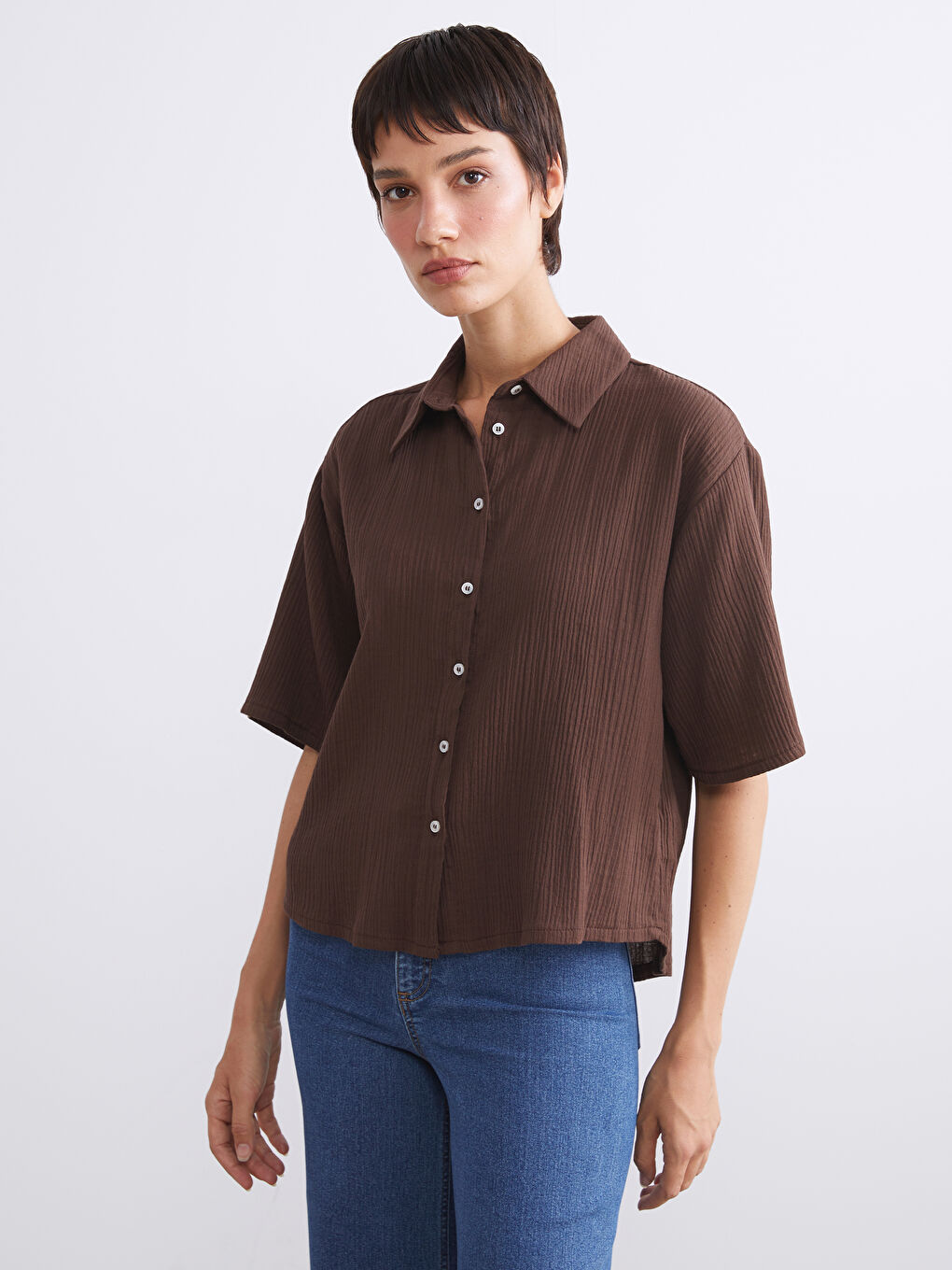 Kahverengi Dokulu Kadın Gömlek