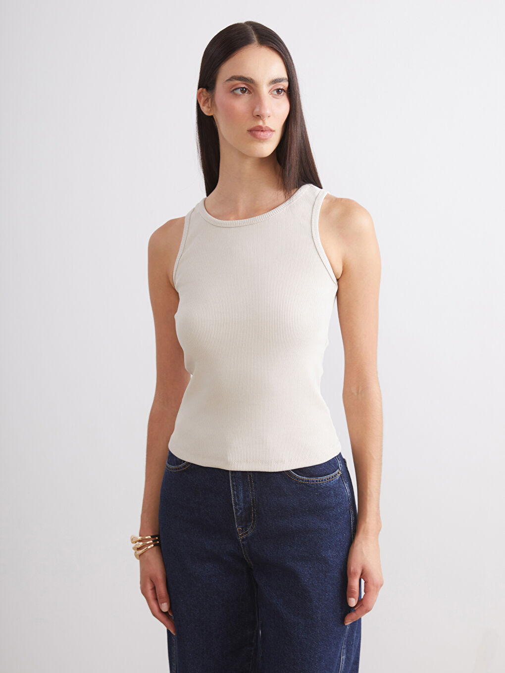 Bej Bisiklet Yaka Kadın Atlet 2'li-1