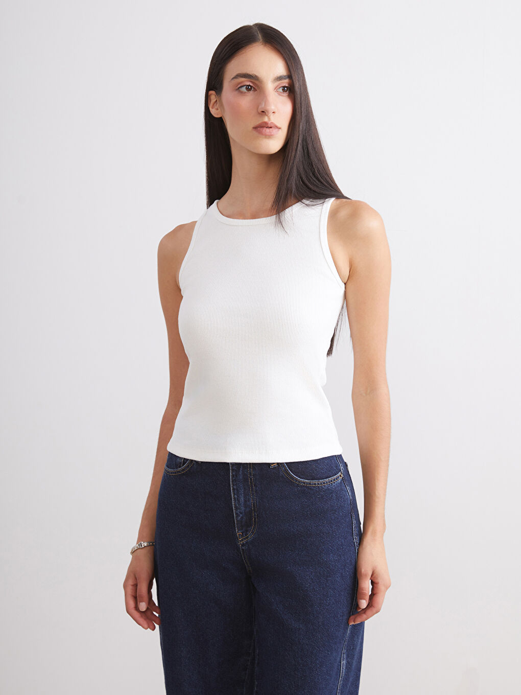 Beyaz Bisiklet Yaka Kadın Atlet 2'li-1