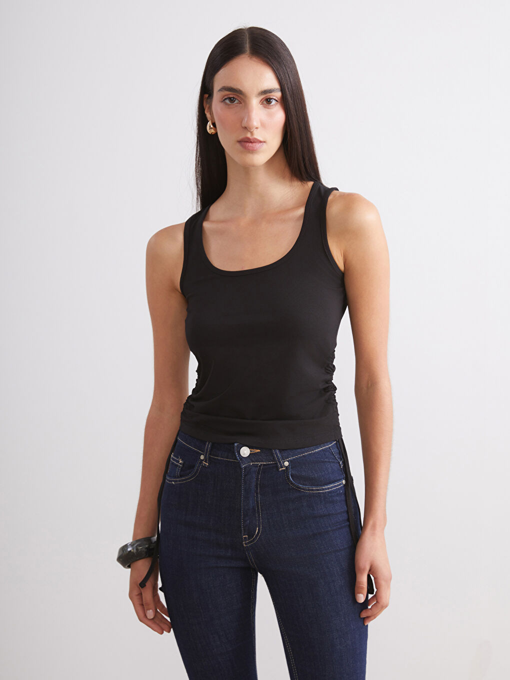 Siyah Kare Yaka Büzgülü Kadın Atlet 2'li-2