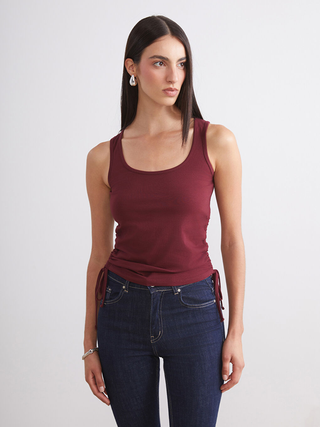 Bordo Kare Yaka Büzgülü Kadın Atlet 2'li-1