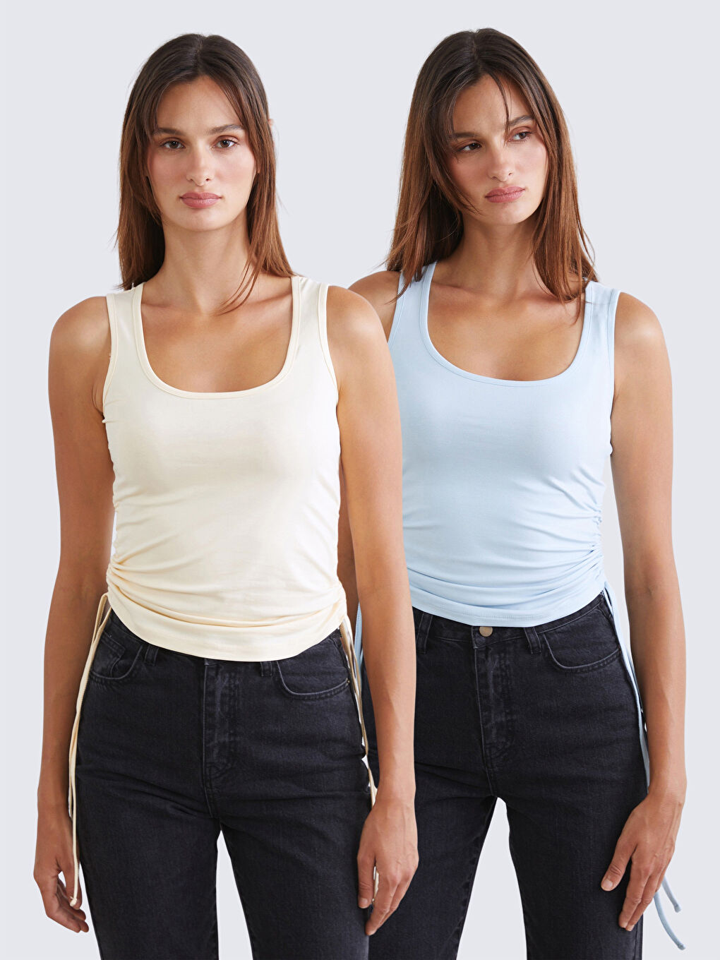 Sarı Kare Yaka Büzgülü Kadın Atlet 2'li