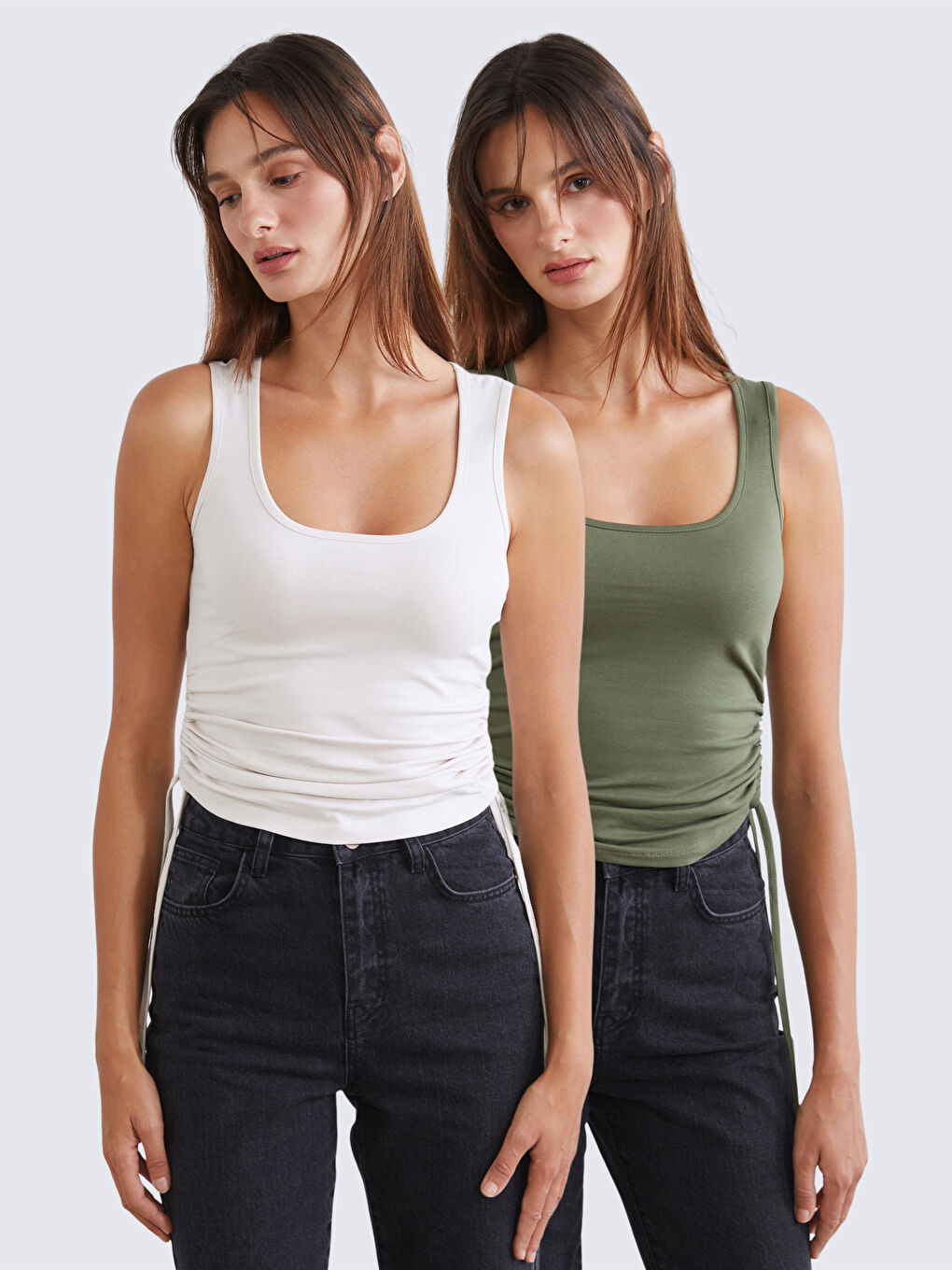 Haki Kare Yaka Büzgülü Kadın Atlet 2'li