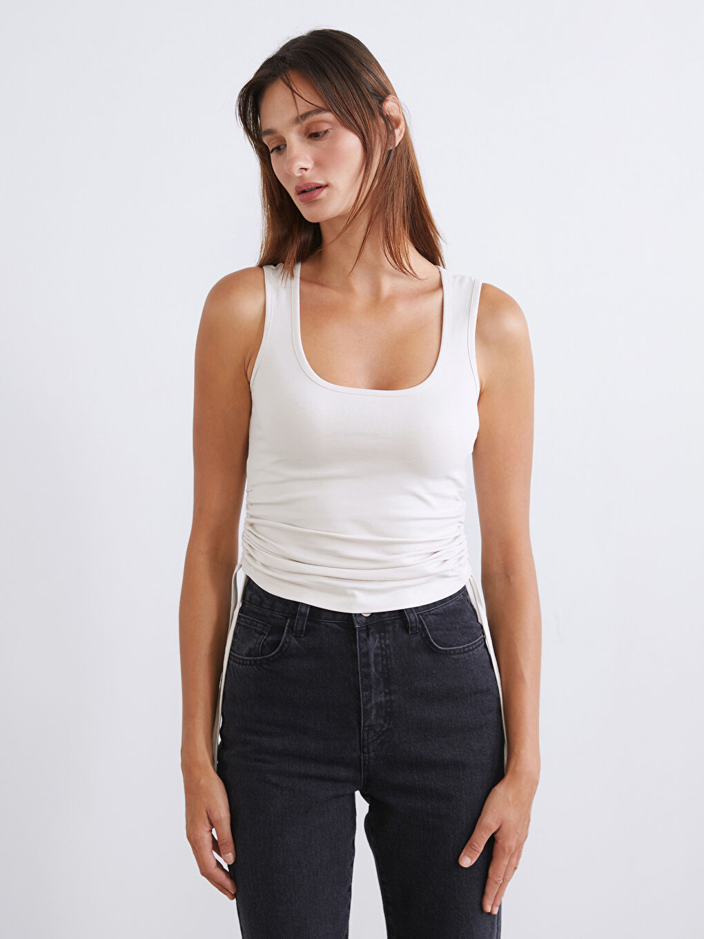 Haki Kare Yaka Büzgülü Kadın Atlet 2'li-1