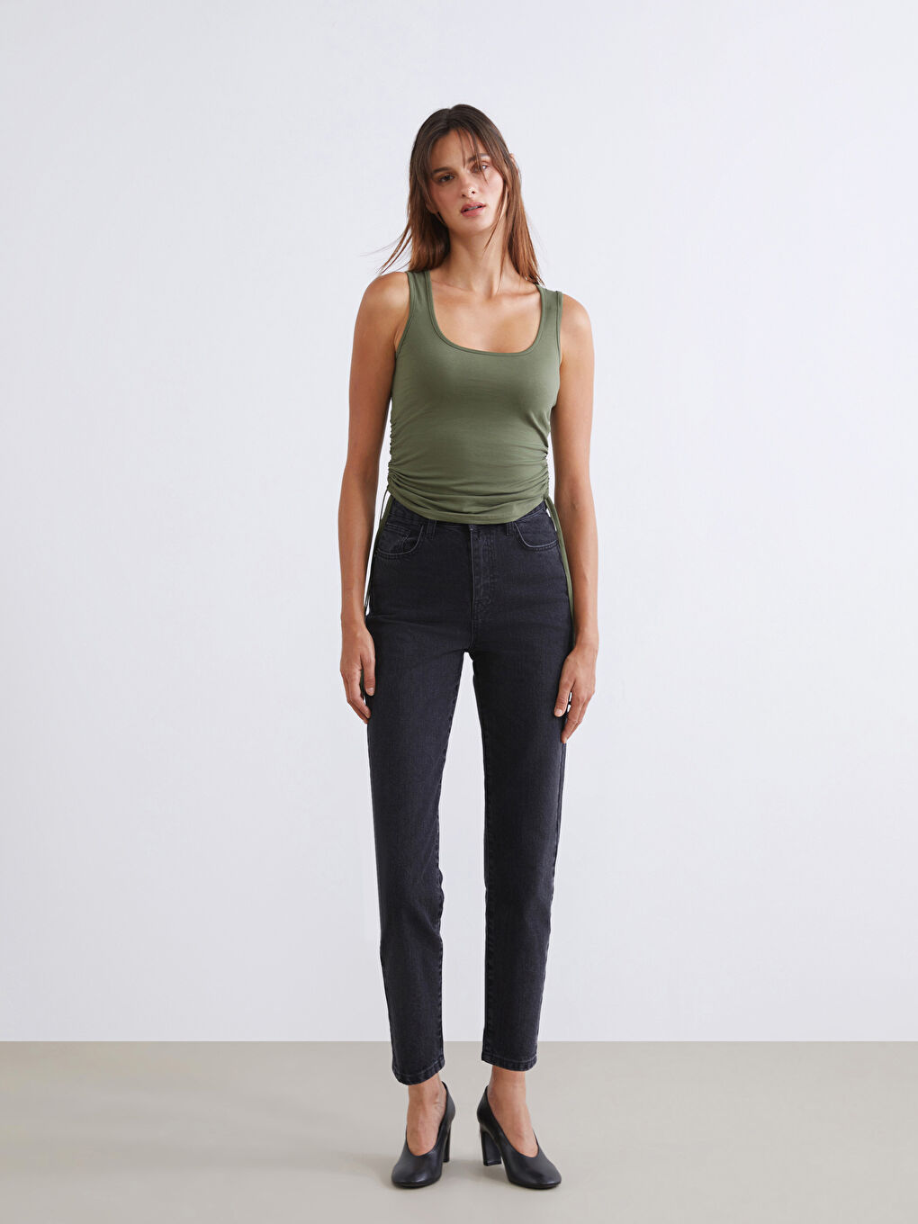 Haki Kare Yaka Büzgülü Kadın Atlet 2'li-3