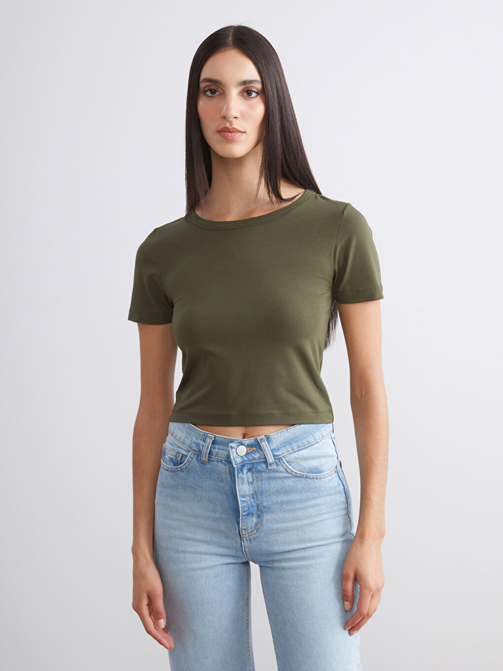 Haki Bisiklet Yaka Kadın Crop 2'li-1