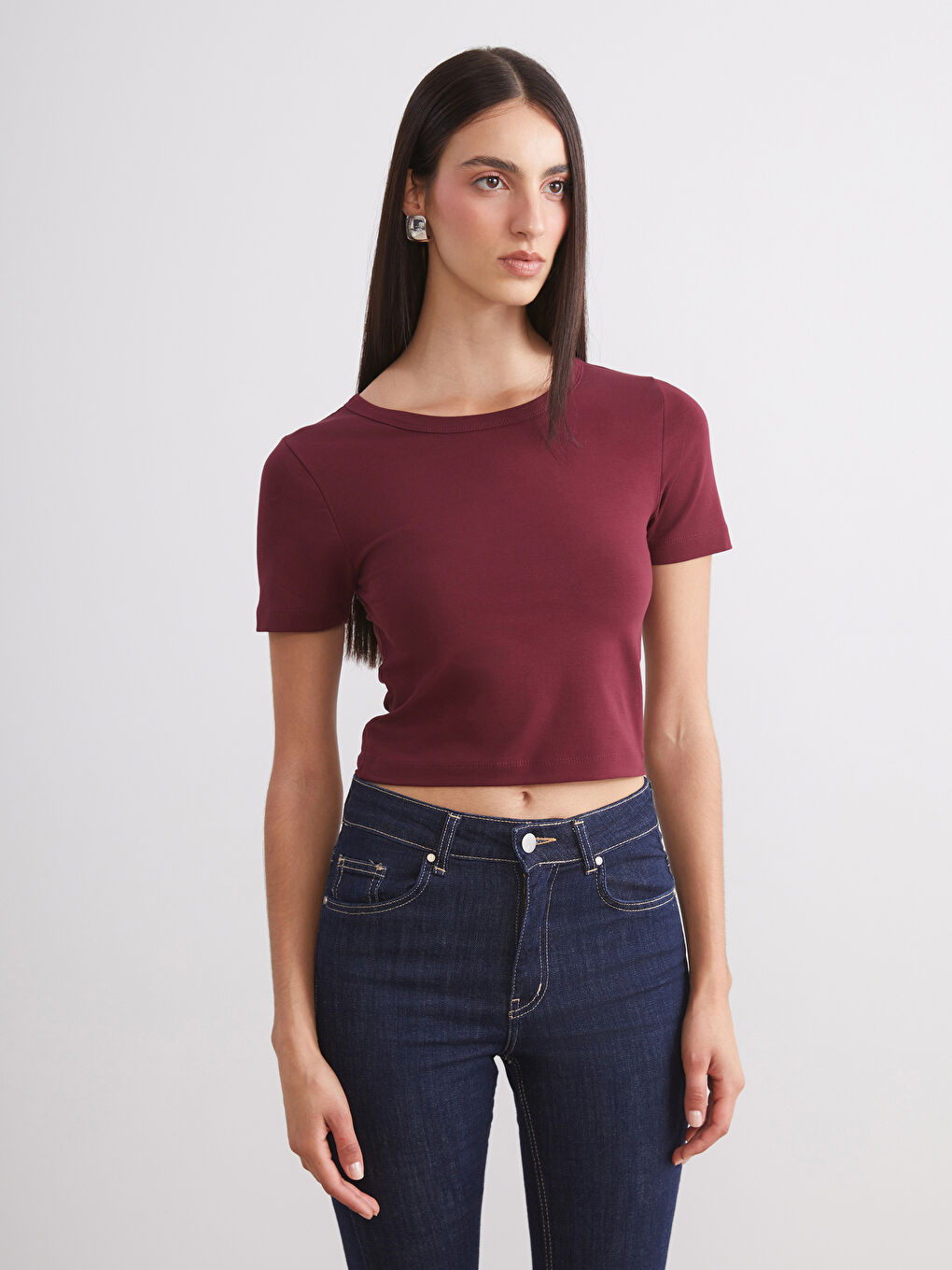 Bordo Bisiklet Yaka Kadın Crop 2'li-1