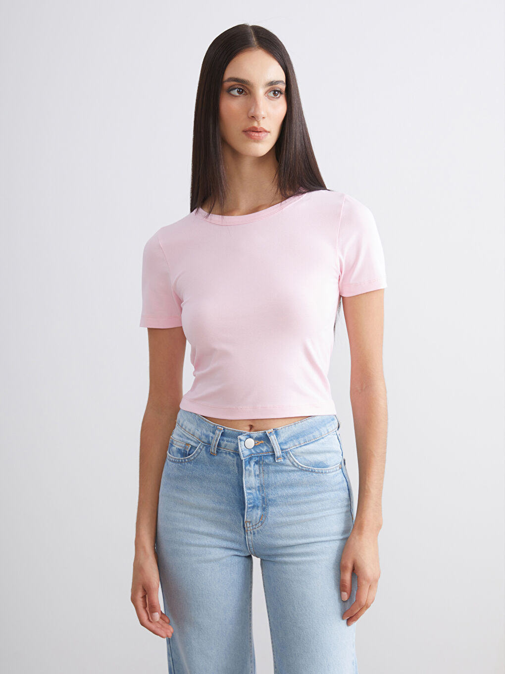 Pembe Bisiklet Yaka Kadın Crop 2'li-2